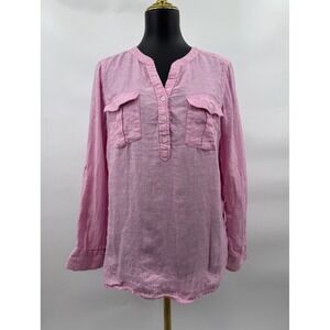Talbot Linen Pink Pullover  Shirt Blouse Roll Tab Sleeve Sz Large Petite